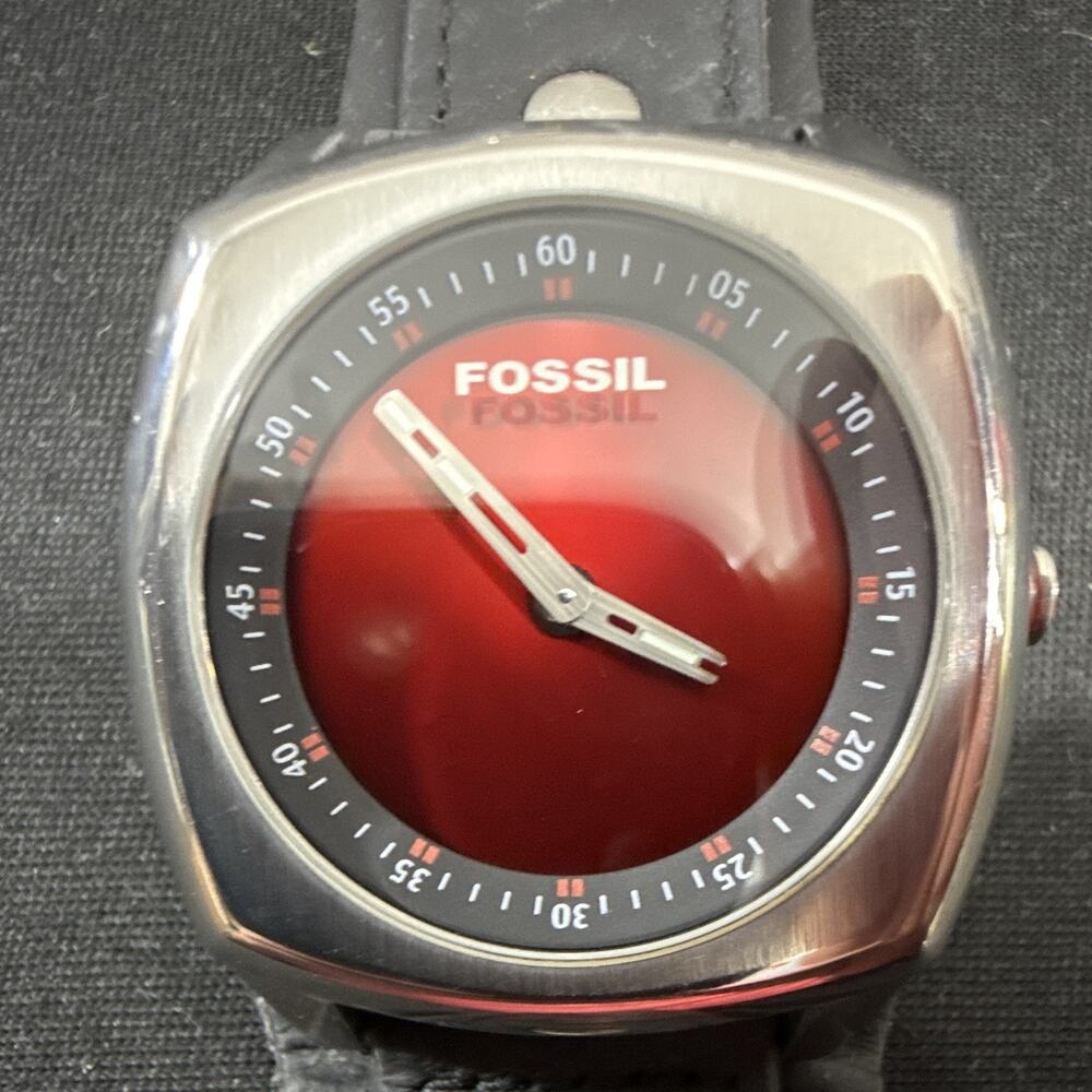 Mens Fossil Big Tic BG-2148 Wide Leather Cuff New Batteries Red/Black Dial 40mm